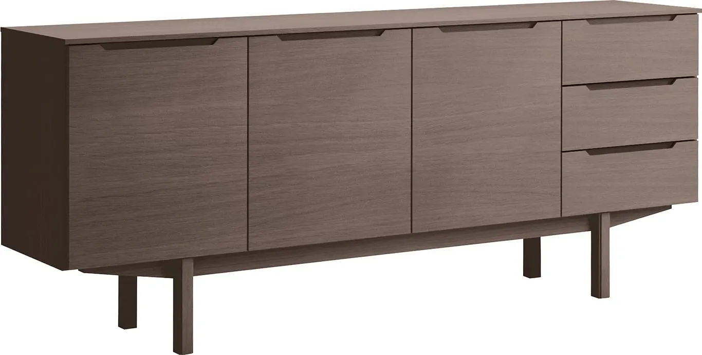 194 x 41, H 79 cm, 3 dører og 3 skuffer, mocca eik, lakk