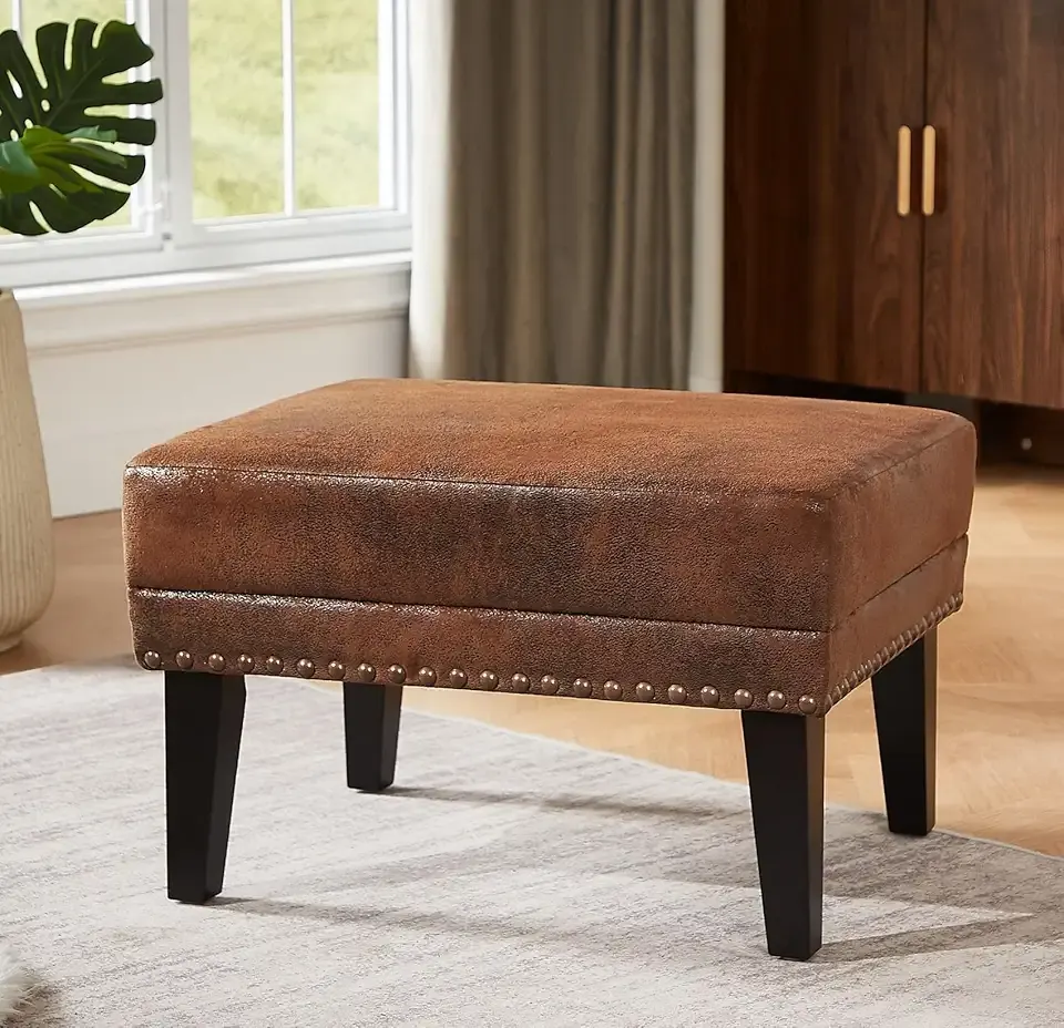 Merax Vintage Distressed Upholstered Ottoman for Lounge Chair and Sofa Couch, Classic Riveted Footrest with Solid Wood Legs, Living Room, Corner, Bedroom, Dorm, Retro Cowboy, Brown