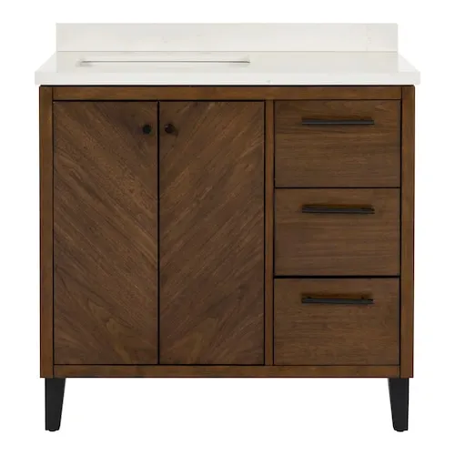 Rein 36-inch W Bathroom 2-Door 3-Drawer Vanity in Rich Walnut With Quartz Sink Top