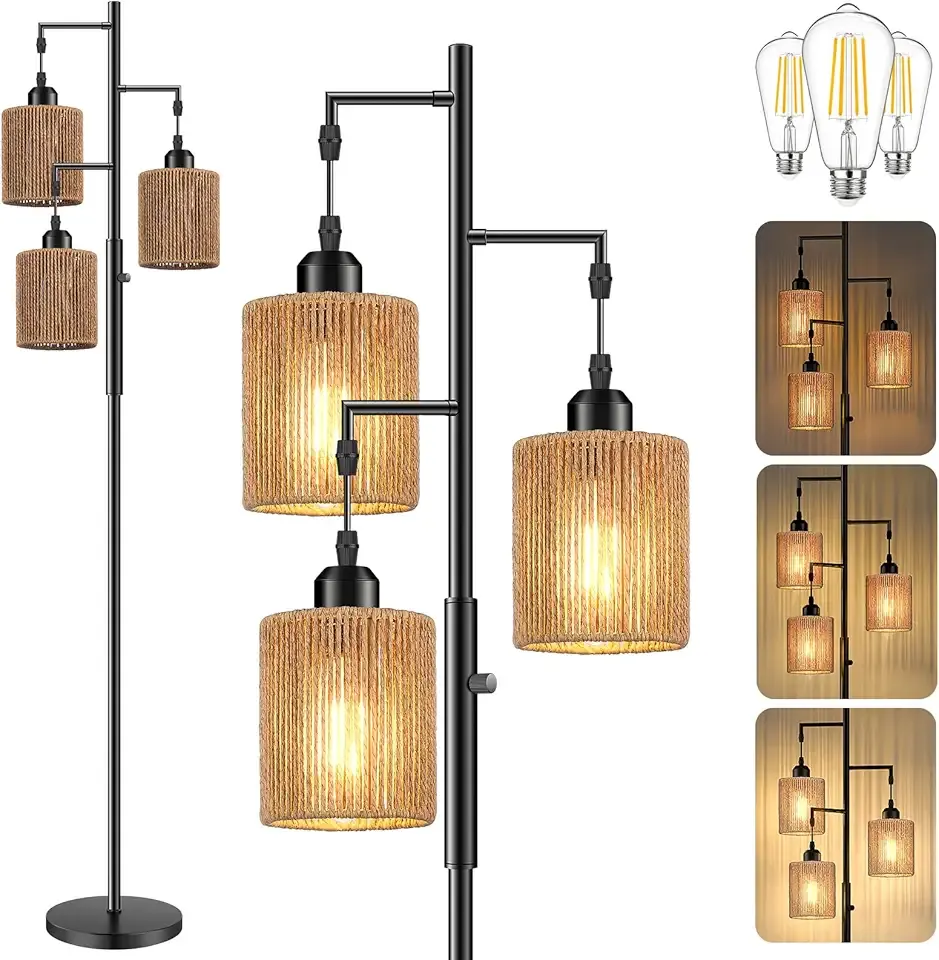 Hotsonic 72" Tall Boho Rattan Style Floor Lamp with Hand-Woven Paper Cord Shade, Dimmable Industrial Tree Standing Lamp for Living Room, Bedroom, Study Room, Office (3 x 800LM Bulbs Included) - Black