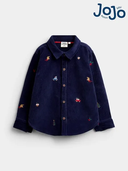 JoJo Maman Bébé Navy Blue Christmas Embroidered Cord Shirt