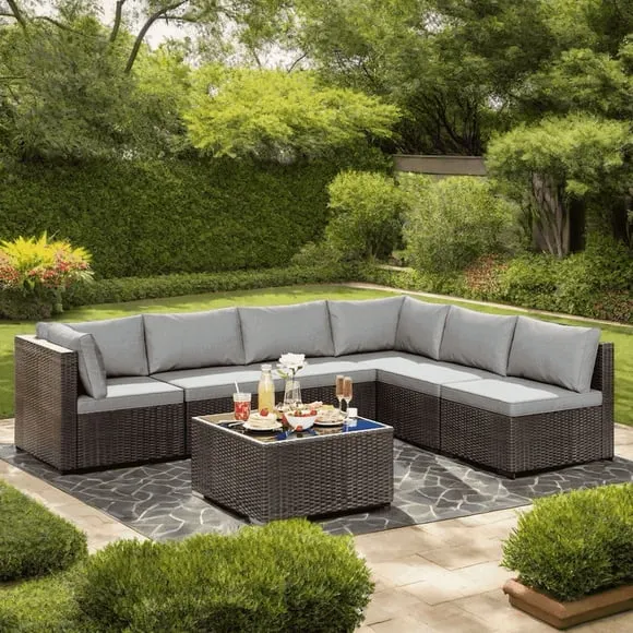 7 Piece Outdoor Patio Furniture Set, Asofer Rattan Wicker Outdoor Conversation Sectional Sofa Set, Gray