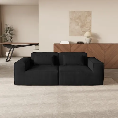 87 in. Square Arm Cloud Fleece Fabric Sofa Deep Seat Modular Sectional Sofa in Black