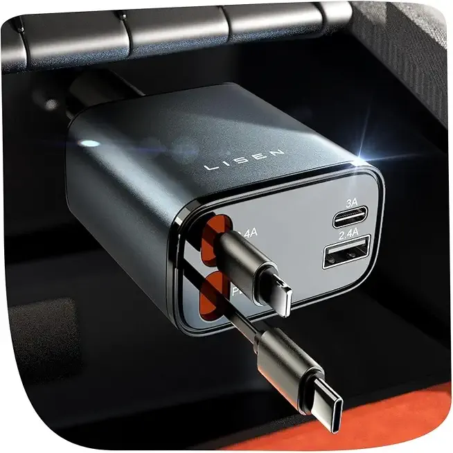 LISEN Retractable Car Charger, 84W Car Charger USB C Fast Charge, 4 in 1 | Cigarette Lighter Adapter, Car Accessories, Birthday Gifts for Men Women Dad Mom Husband, for iPhone 17 16 15 14 13 12 X