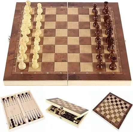 Chess Set, 3 in 1 Wooden Chess Board Game in Chess, Backgammon, Checkers