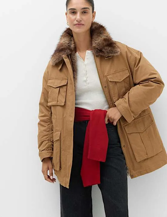 Parkajacke aus reiner Baumwolle mit Kunstfellbesatz