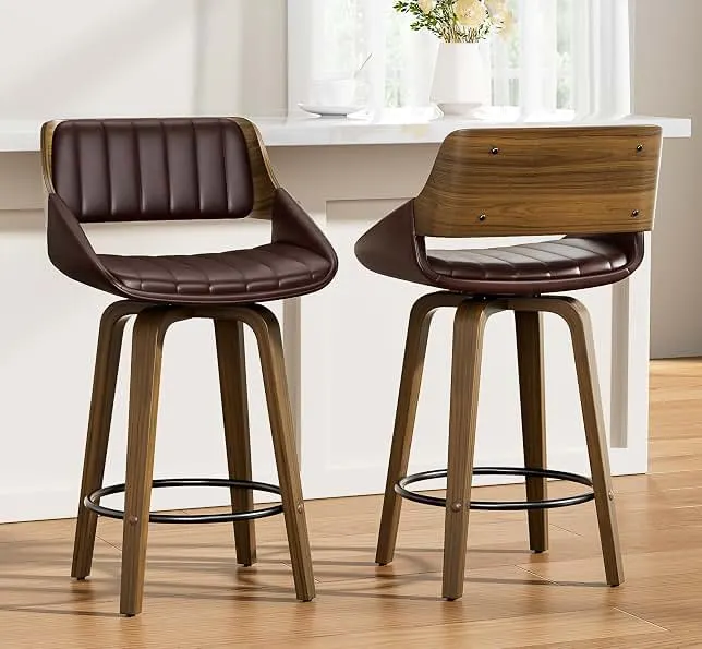YaFiti Bar Stools Set of 2, 26" Swivel Counter Height Barstools with Bentwood Back and Legs, Mid Century Modern Upholstered Faux Leather Counter Stools for Kitchen Island, Bar, Dining Room, Brown