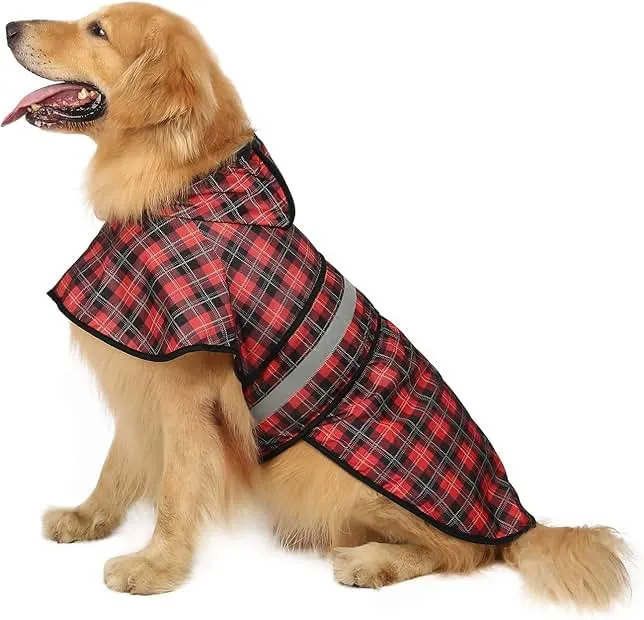 HDE Dog Raincoat Jacket Reflective Adjustable Hooded Pet Poncho Rain Coat with Leash Hole for Small to X-Large Dogs Plaid - L