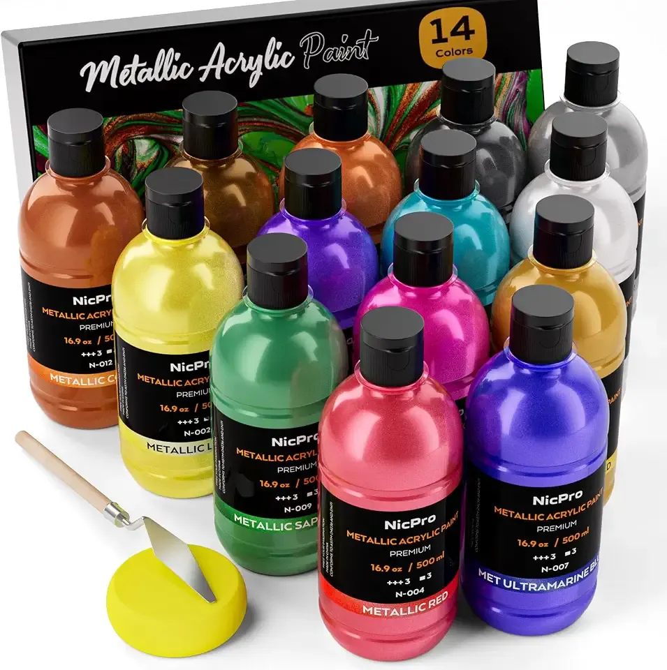 Nicpro 14 Colors Metallic Acrylic Paint Set,16.9oz Large Acrylic Paint Bulk