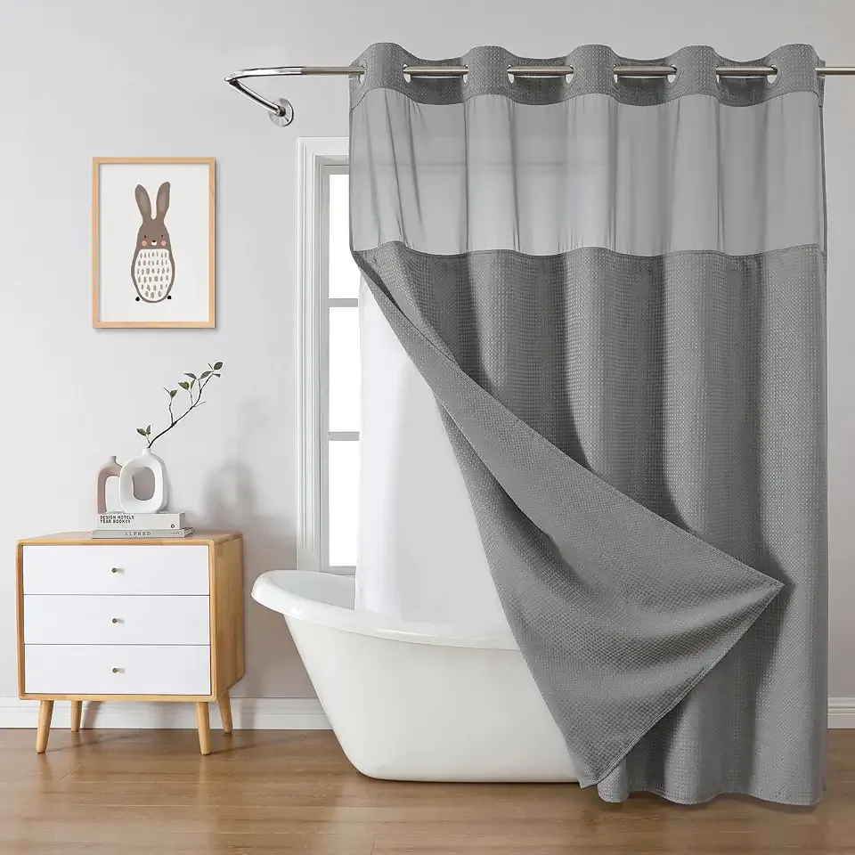 eachope Grey No Hook Waffle Weave Shower Curtain with snap-in Liner Replacement, 230GSM Waterproof Fabric Hotel Shower Curtain Set for Bathroom, Through Mesh Top Window,71Wx74H