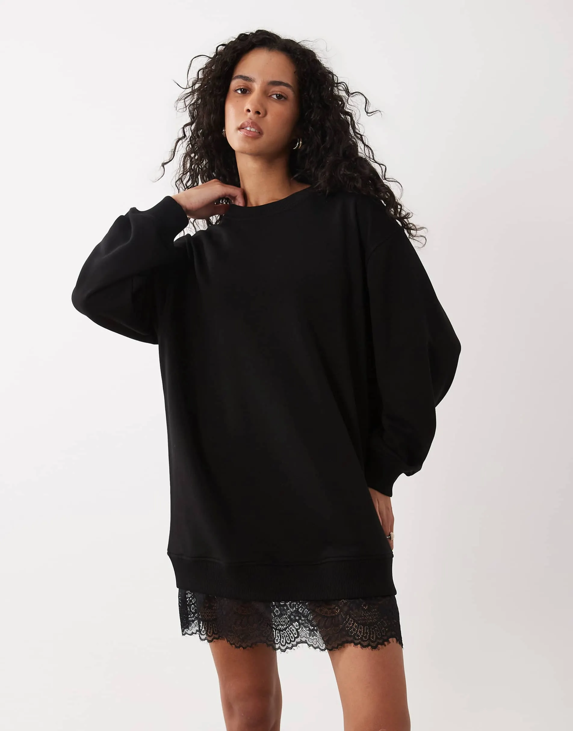 ASOS DESIGN long sleeve sweat mini dress with lace in black