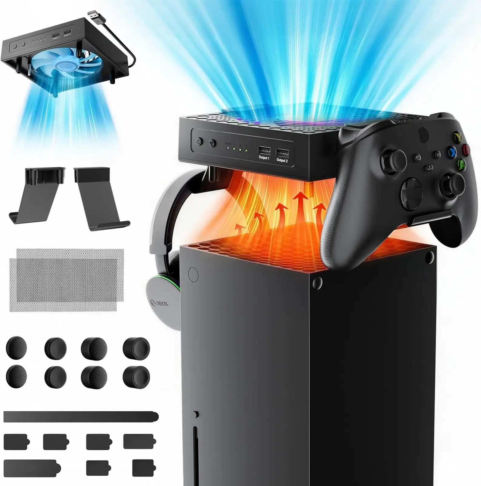 Smart Cooling Fan for Xbox Series X, Accessories for Xbox Series X Console | Fan for Xbox Series X with RGB Lights, Dustproof Filter, 3-Speed Quiet Fan, 2 USB Ports, Dust Plugs, Controller Stands