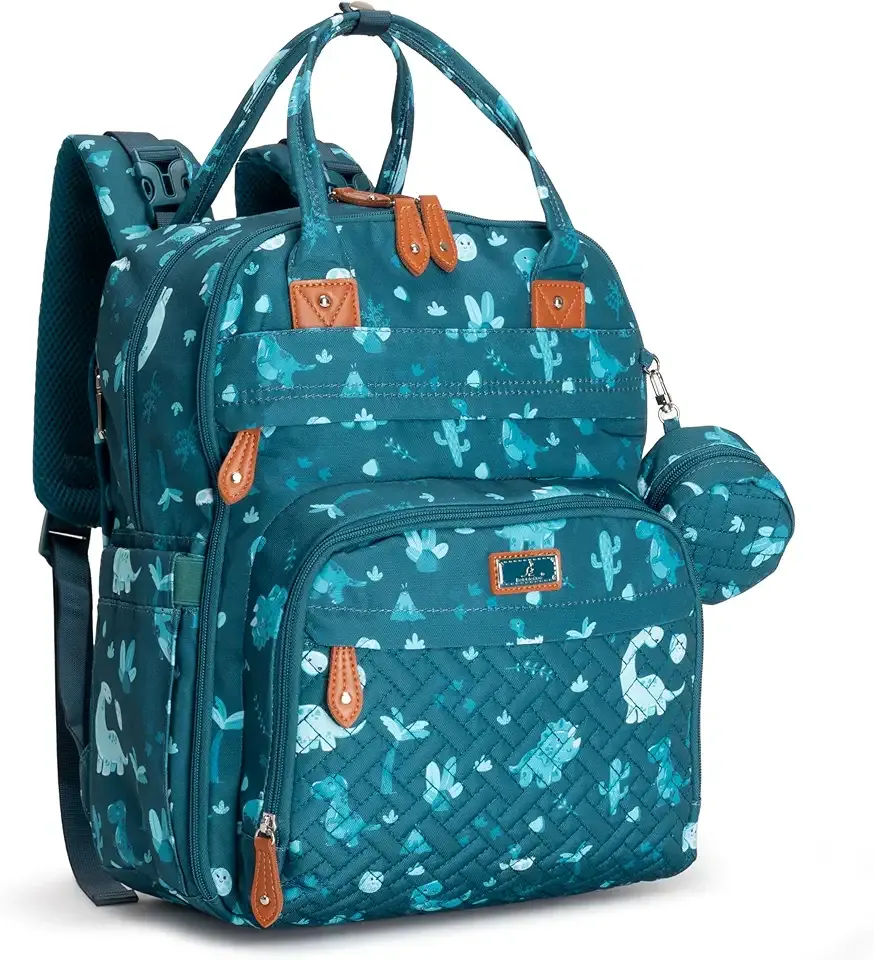 BabbleRoo Diaper Bag Backpack - Baby Essentials Travel Tote - Multi Function Water Resistant Diaper Bag, Travel Essentials Baby Bag with Changing Pad, Stroller Straps & Pacifier Case - Unisex, Dino
