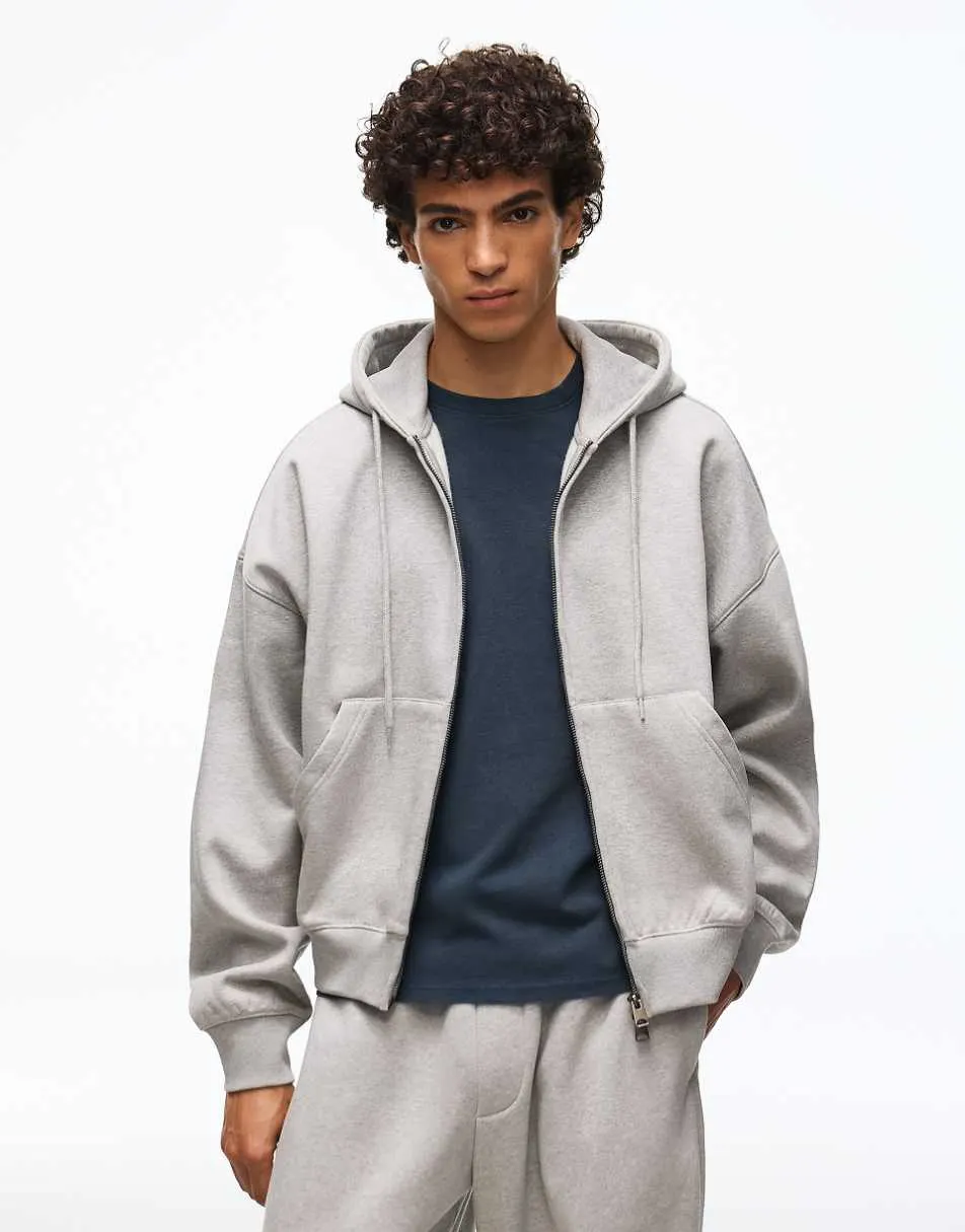 Bershka Boxy zip-up hoodie in light grey