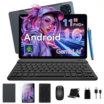 T90, Android 16, 11 Zoll Tablet, 24GB (8+16) RAM+128GB ROM (2TB TF), 5G WiFi, Stift/Maus/Tastatur-Set, 8000mAh, 16MP+8MP, Widevine L1, Gemini Al