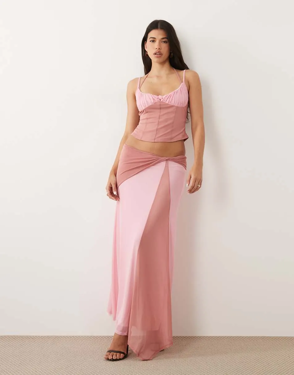 ASOS DESIGN mesh contrast midi skirt with waist detail in pink