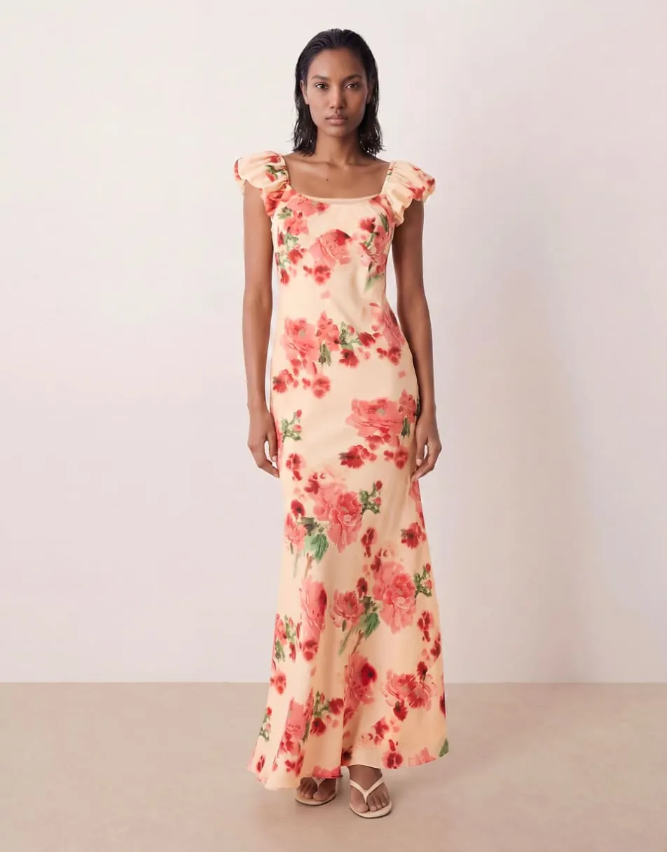 ASOS DESIGN ruffle sleeve double layer shift dress in orange floral print
