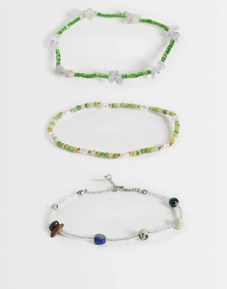 ASOS DESIGN 3 pack beaded and semi-precious chipping stone bracelet in multi