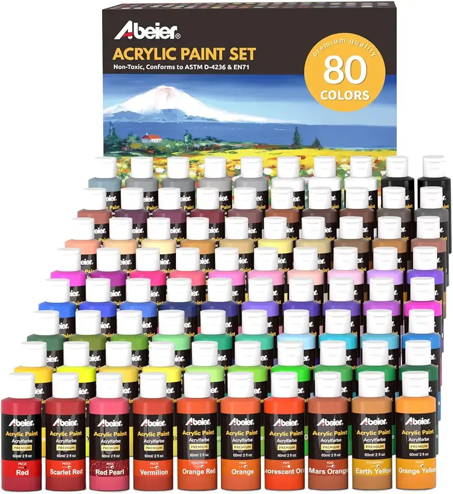ABEIER Acrylic Paint Set, 80 Colors (2oz/60ml) Artist Quality Paint with 11 Metallic & 4 Fluorescent, Great Coverage Matte Finish Craft Paint for Adults Students on Canvas Wood Rock Ceramic