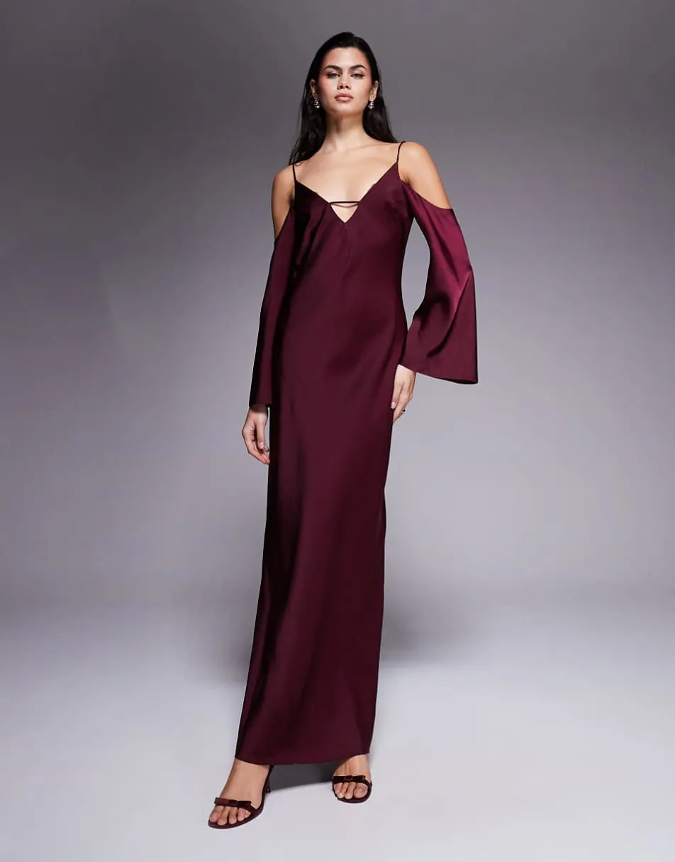 ASOS DESIGN satin long sleeve fallen shoulder cami midi dress in plum