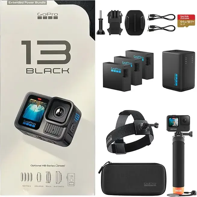 HERO13 Black Camera with 3 Enduro Batteries | Waterproof 5.3K60 Action Camera with Dual-Battery Charger & SanDisk 64GB Extreme SD Card | Head Strap 2.0 and Handler Floating Handgrip, Bundle Kit