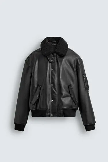 LEATHER EFFECT JACKET WITH DETACHABLE COLLAR