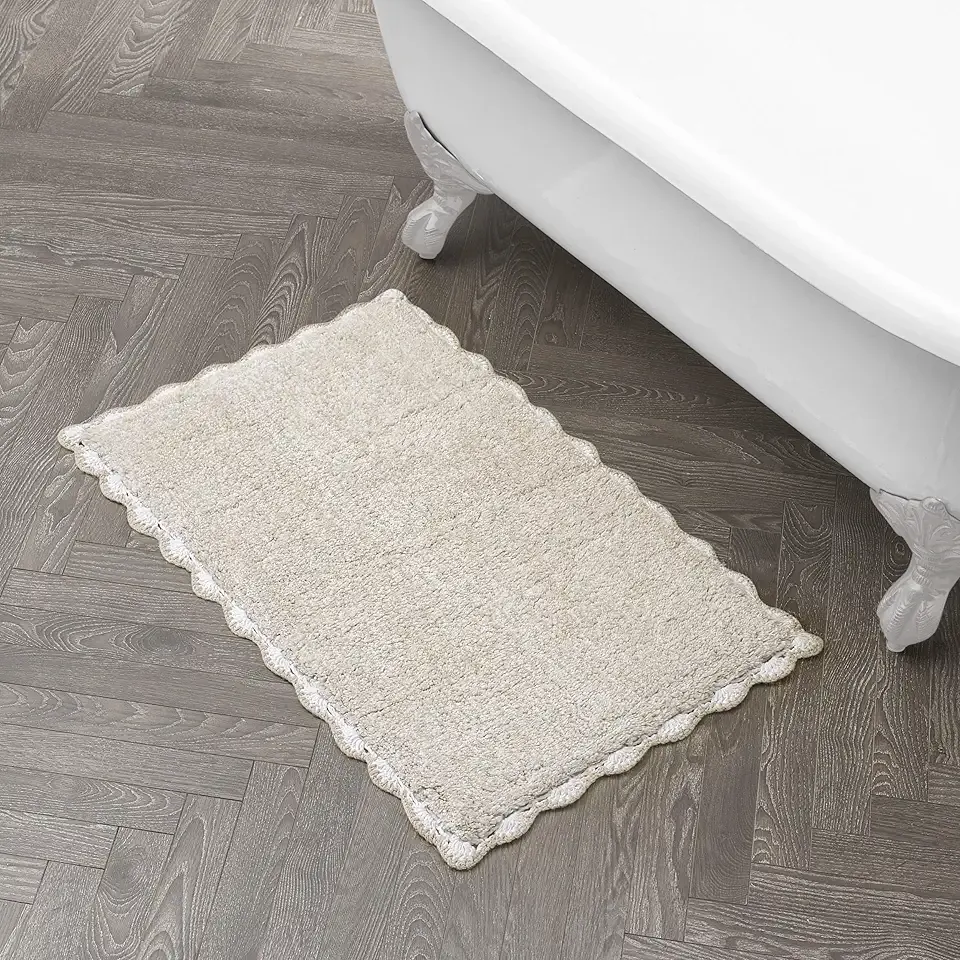 Laura Ashley Heathered Crochet Border 100% Cotton 20"x32" Skid-Resistant Bath Rug, Taupe Sandshell