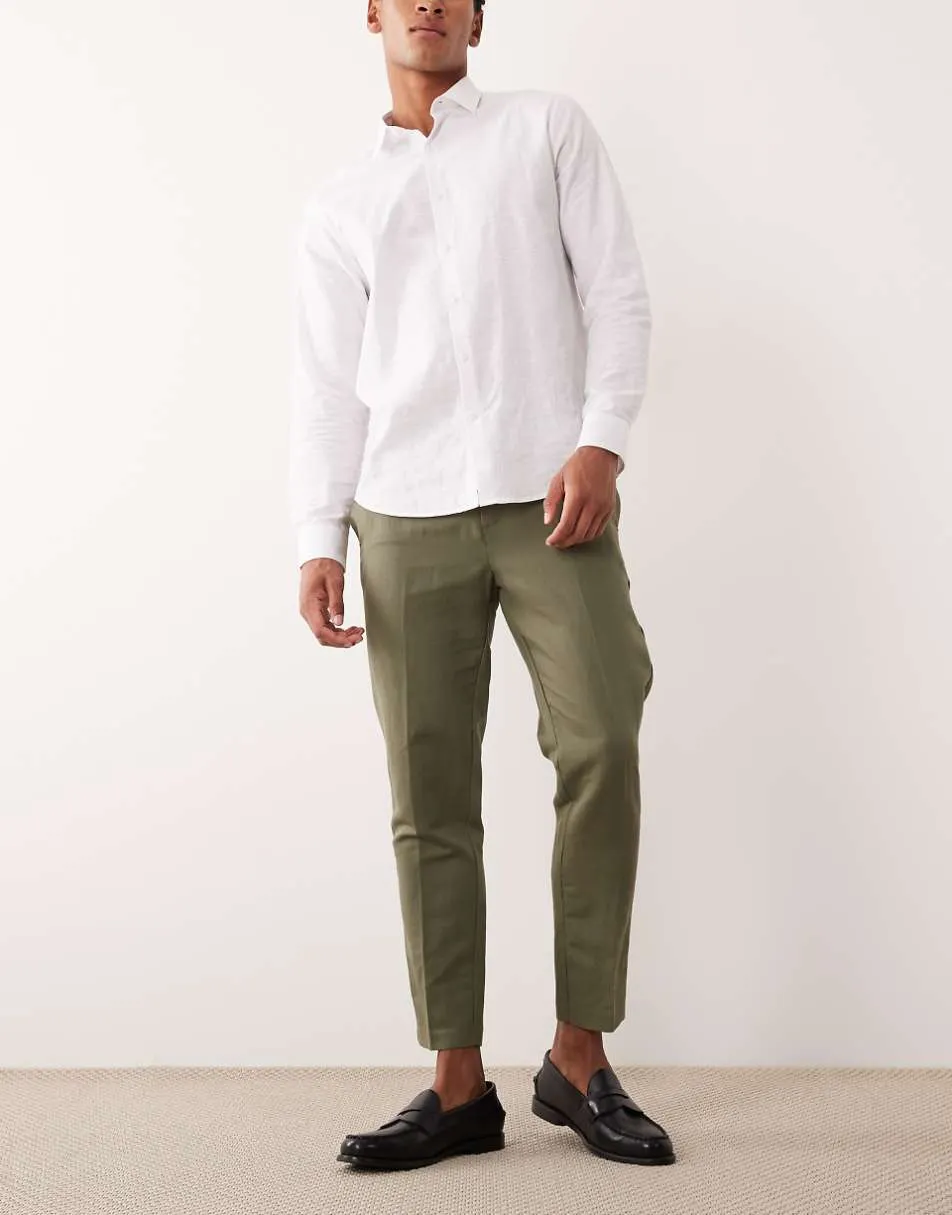 ASOS DESIGN smart linen rich tapered trousers in olive green