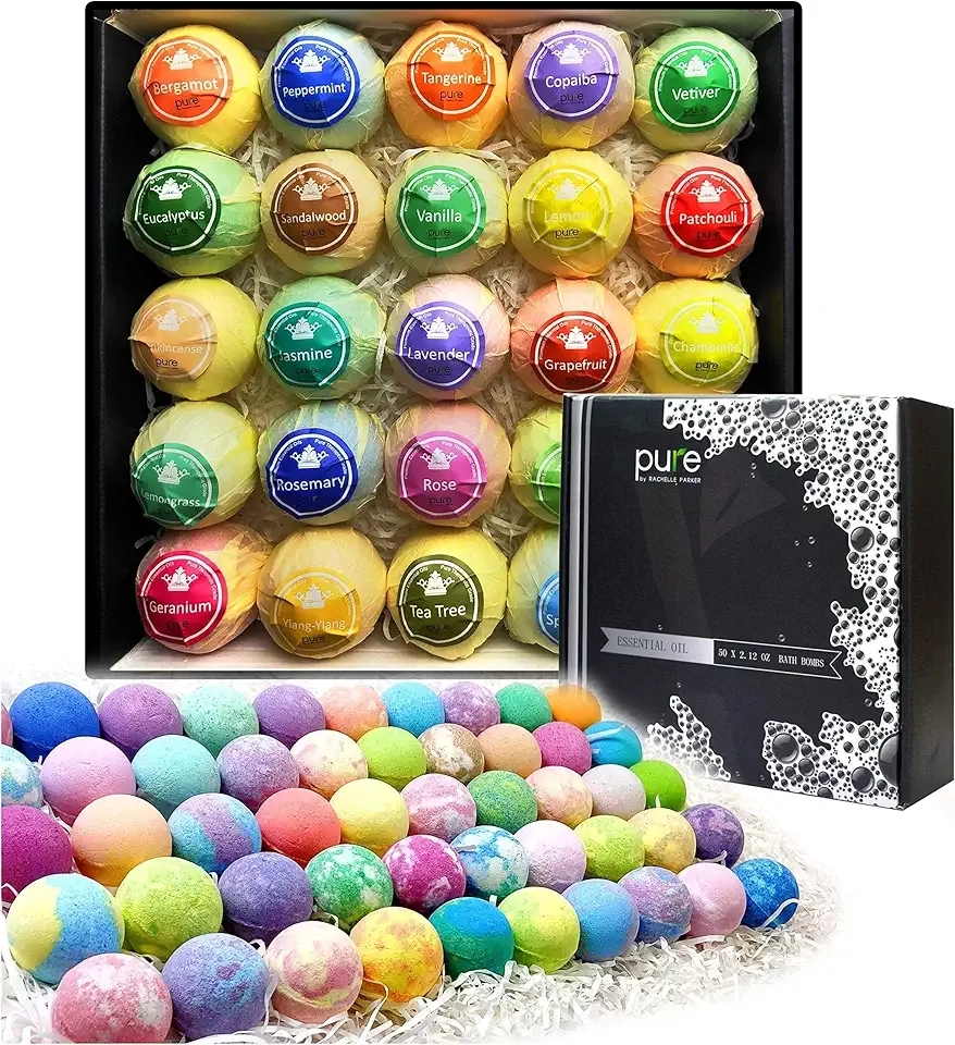 Pure Parker Natural Bath Bombs Bulk 50 Pack with Essential Oils - Moisturizing Gift Set for Women with Shea Butter - Individually Wrapped for Freshness