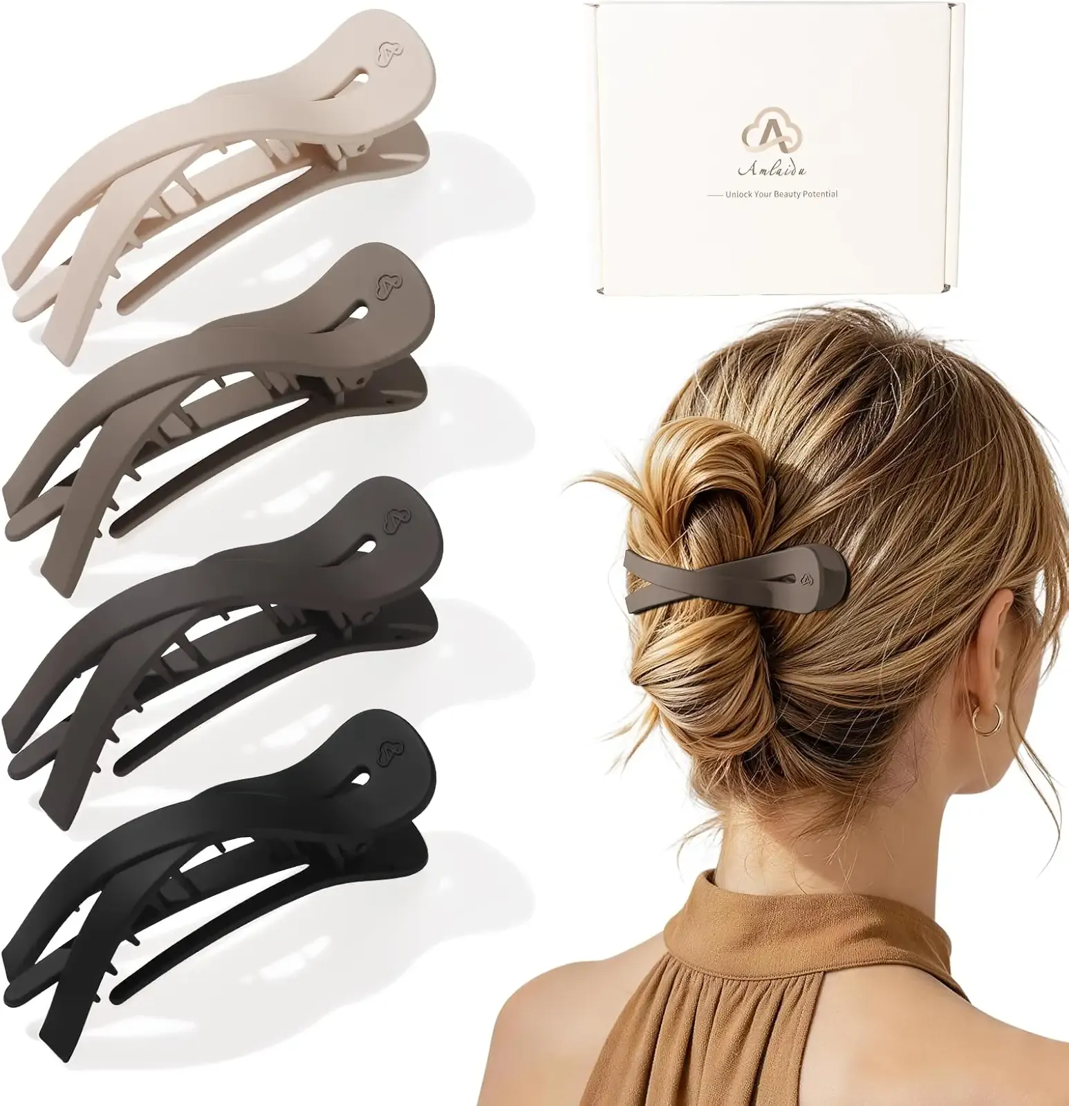 Large Flat Hair Clips for Women, French Flat Claw Clips for Medium Thick Hair | Strong Hold Hair Clips for Styling, Driving, Daily Wear | Beige, Light Dark Brown, Black - 4Pcs