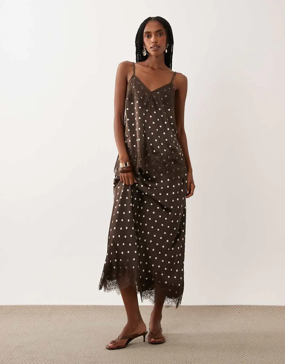 Vila lace trim satin maxi skirt in cream and chocolate polka dot