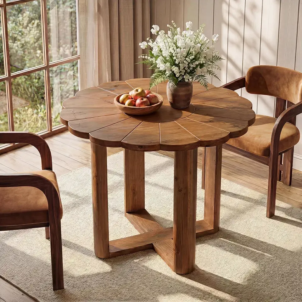 31.5-Inch Solid Wood Round Dining Table for 2-4, Small Farmhouse Kitchen Table with Carved Petal Pattern, Wooden Dining Room Furniture for Apartments, Small Place, Rustic Brown