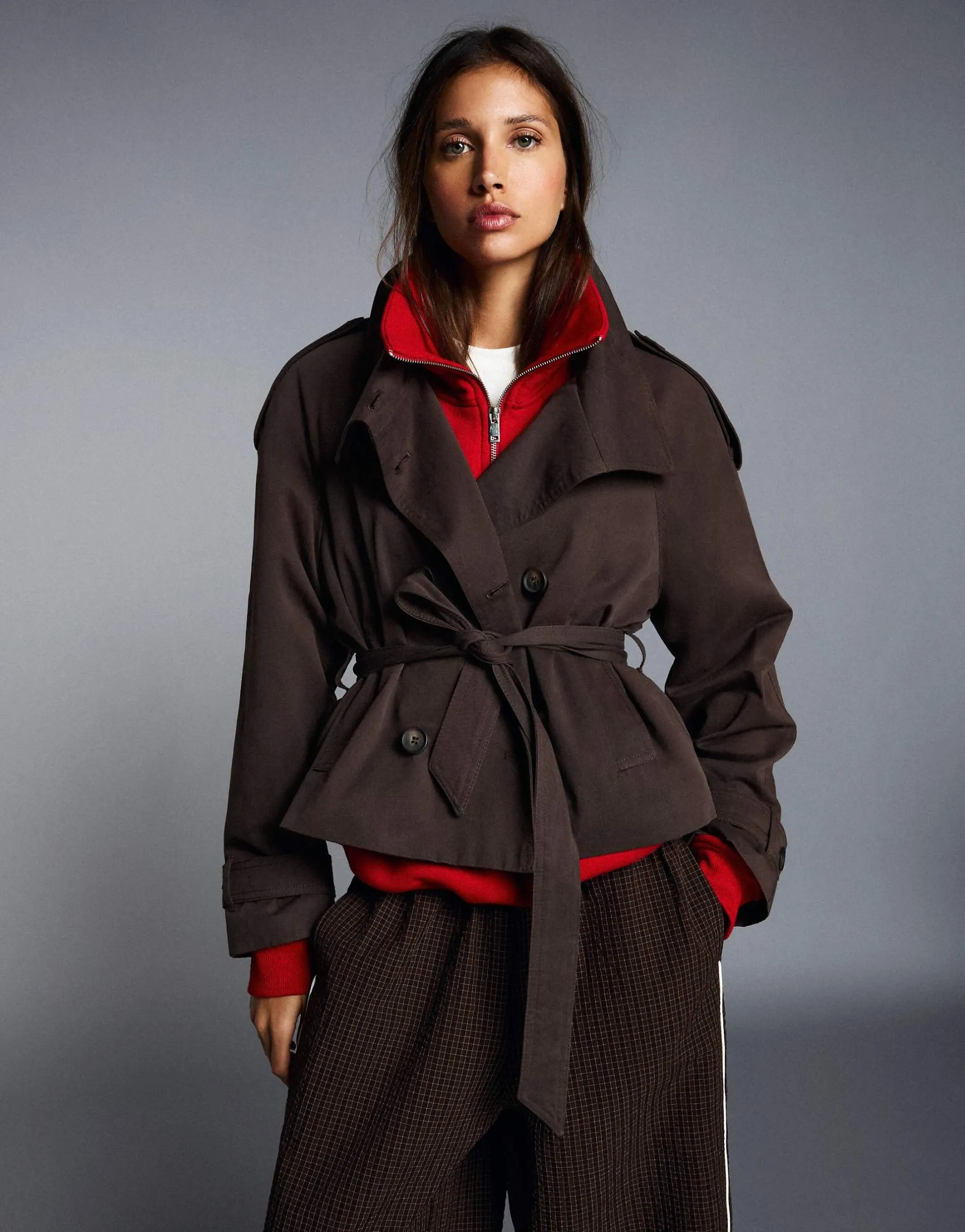 Bershka Funnel neck trench jacket in brown