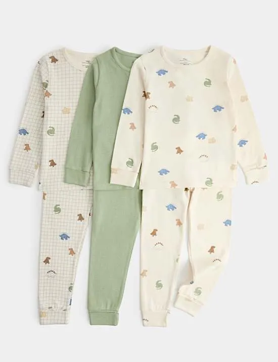 3er-Pack Schlafanzugset aus reiner Baumwolle mit Dinosauriermotiv