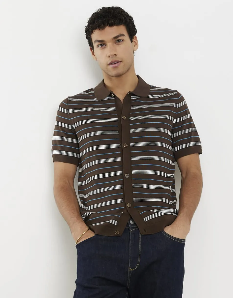 River Island Short sleeve knitted stripe shirt in brown - dark