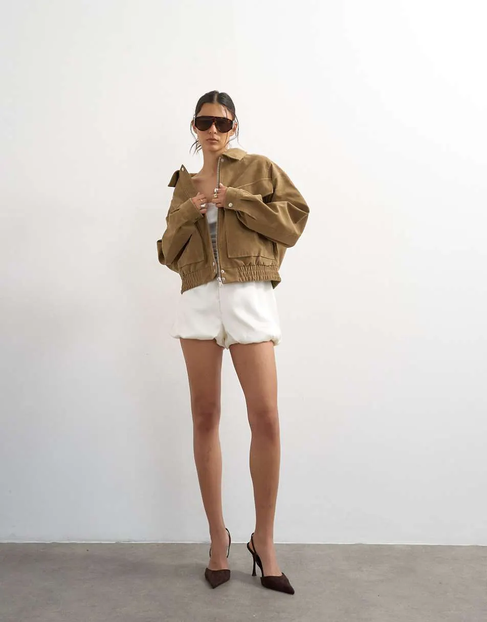 Topshop faux suede zip through bomber jacket in tan