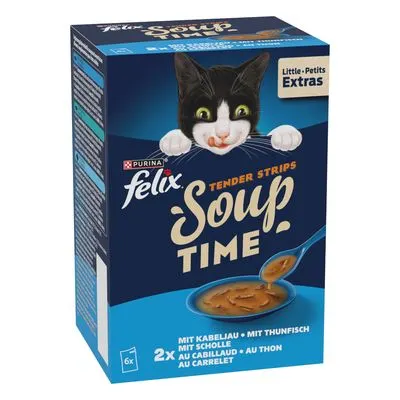 Felix Soup Time pour chat : 18 x 48 g + 6 sachets offerts ! Tender Strips : sélection de la mer