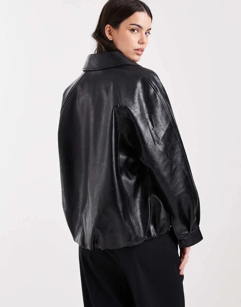 ASOS DESIGN leather look oversized bomber jacket in black