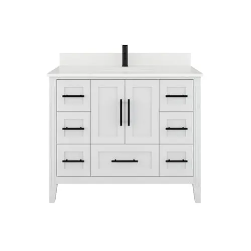 Houston 42 in W x 22 in D White Vanity with White Quartz Top with White Sink and Power Bar-Organizer