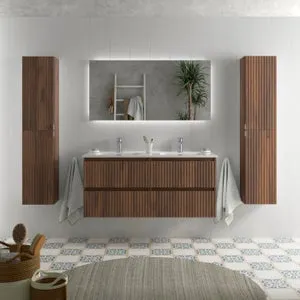 Mueble de Baño KIRA 120cm Nogal 4 cajones Lavabo 2 pozas Porcelana