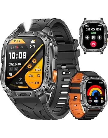 MIDDOW Military Smart Watch with LED Flashlight, 2.01" Display, Answer/Make Calls, Blood Oxygen Heart Rate Sleep Monitor, 900mAh Battery, IP68 Waterproof Fitness Tracker for Men Android iOS (2 Bands)