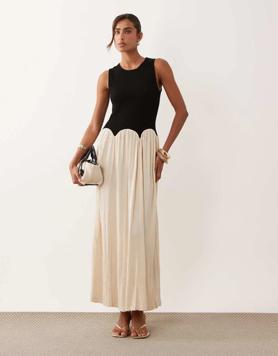 ASOS DESIGN colour block crinkle midi dress in black & cream