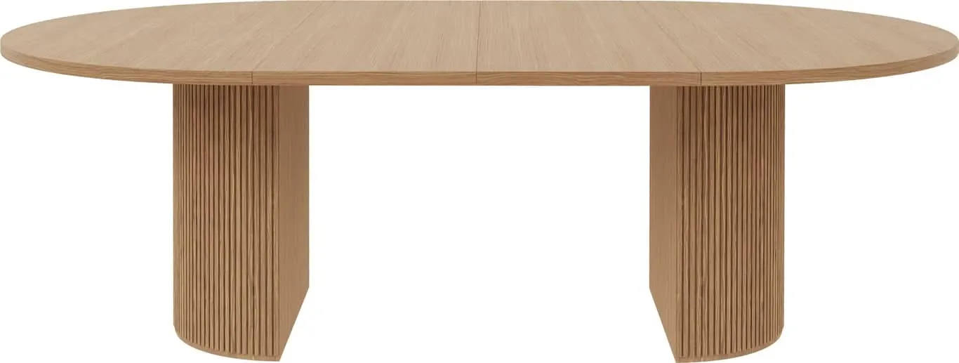 Linea spisebord rundt Ø 138 cm m/uttrekk for opptil 4 plater, lys naturoljet, spilesokkel