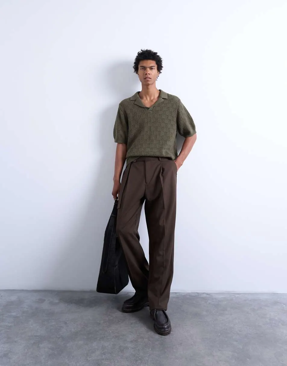 Topman knitted check crochet polo in khaki