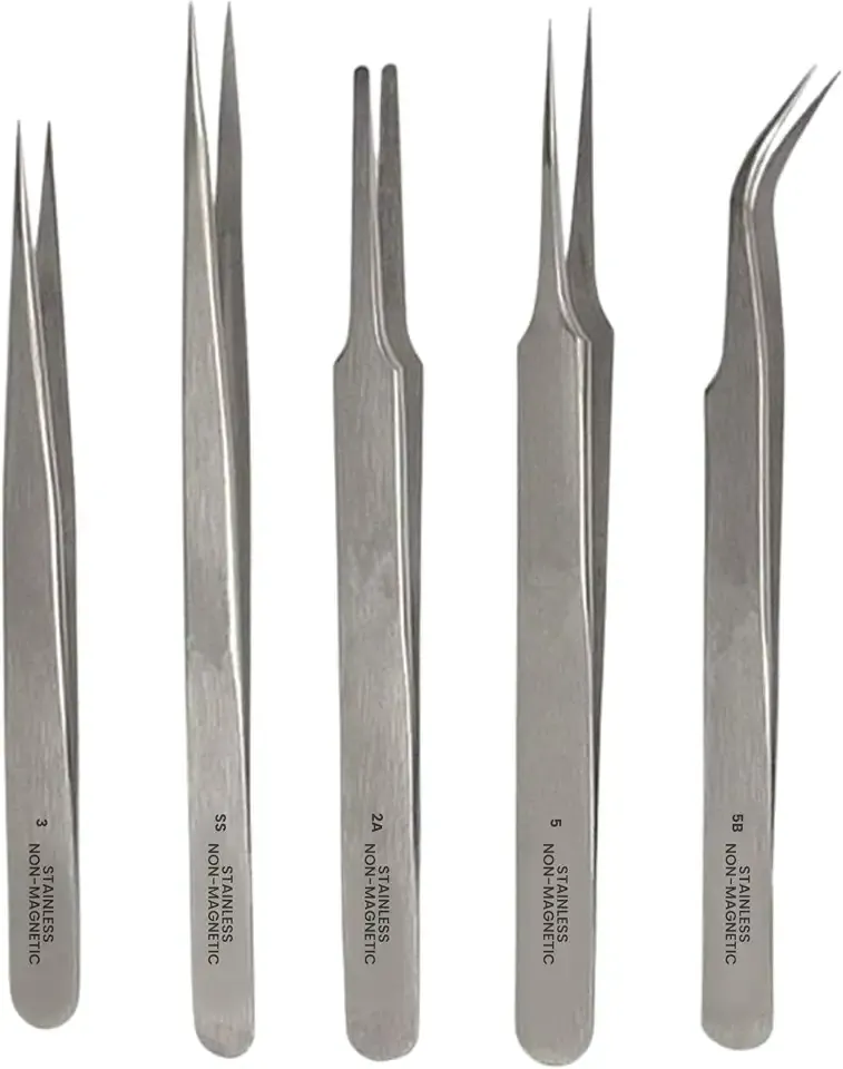 5-Piece Non-Magnetic Precision Tweezers Set, Stainless Steel