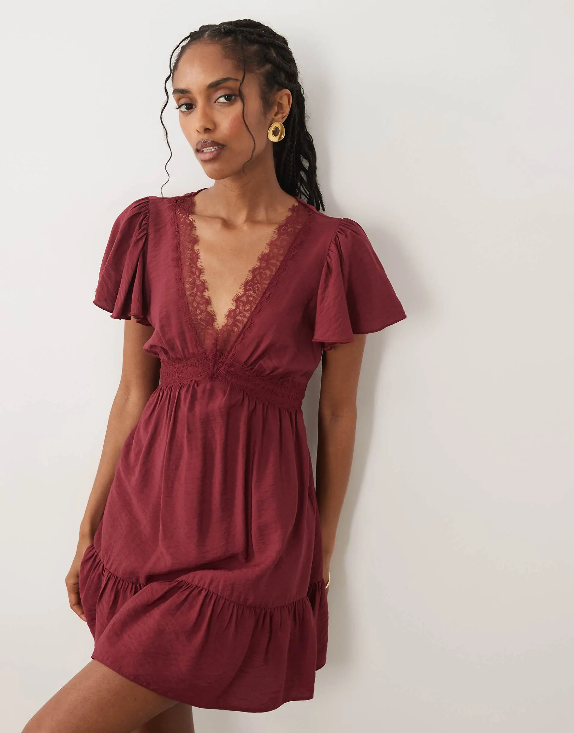 New Look lace trim flutter sleeve mini dress in burgundy