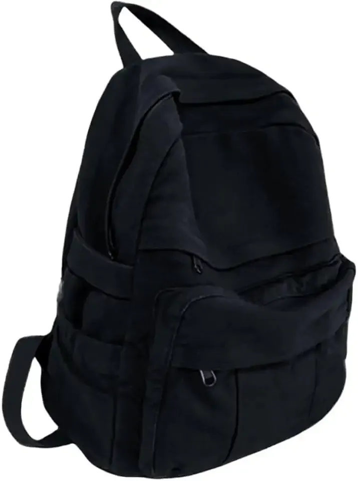 Black Canvas Backpack for Women & Men Retro Aesthetic Rucksack Basic Backpack for High School/College Students Travel Laptop Bag