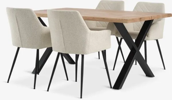 ROSLEV L160 tafel naturel eiken + 4 PURHUS gebroken wit