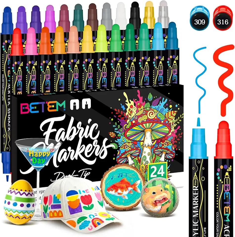 Betem 24 Colors Dual Tip Acrylic Paint Pens Markers, Fabric Decorating Kits Premium Water-Based Acrylic Paint Markers for Fabric, Rock, Wood, Glass, Eggs, Canvas, Ceramic, Easter Basket Stuffers