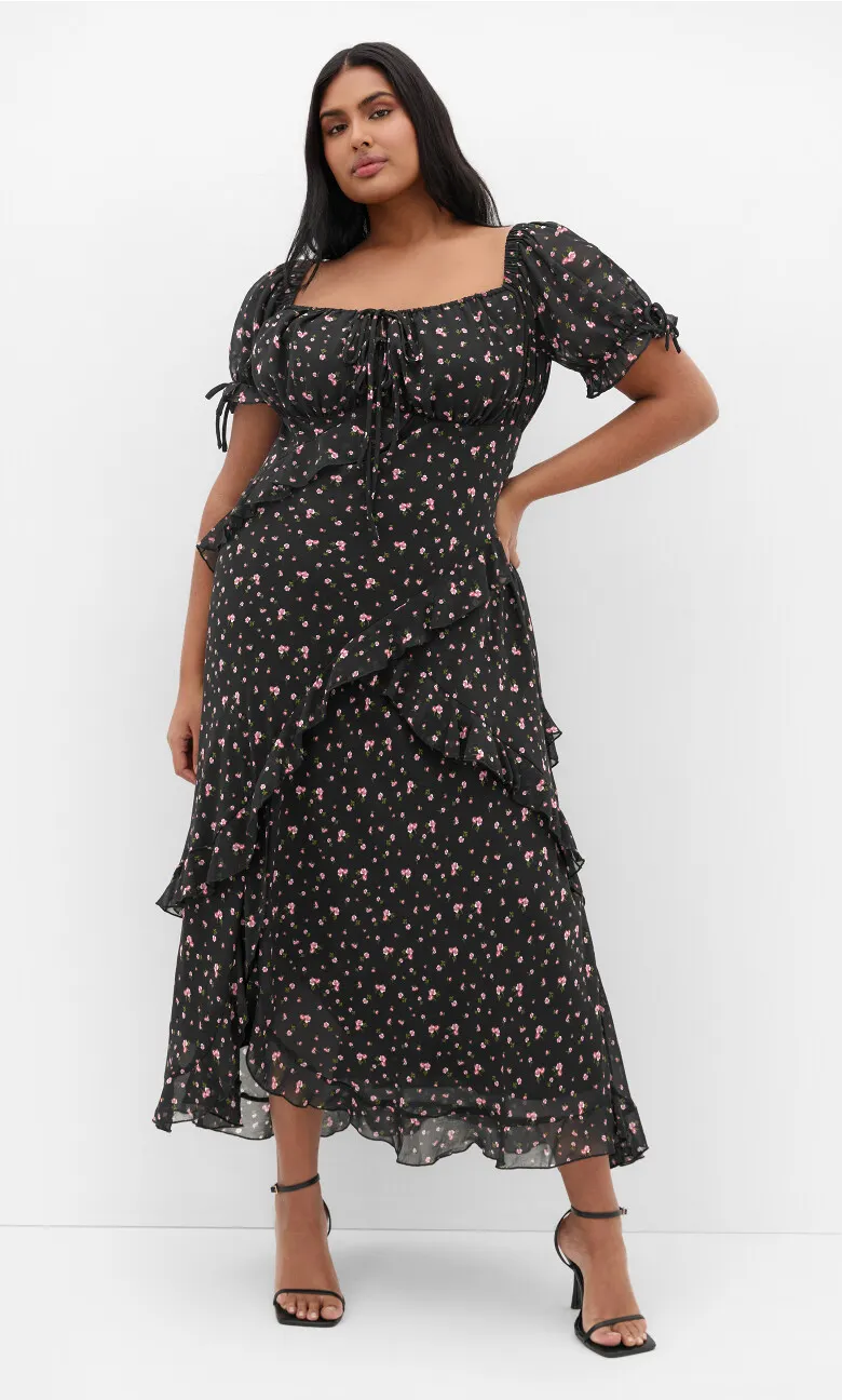 Shayla Ditsy Print Maxi Dress - black